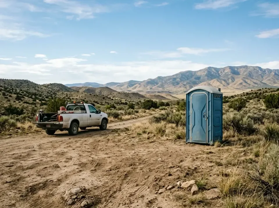 Portable Toilet — Remote Location — Portable Toilet, Pickup Truck, Dirt Road, Remote Location, Portable Toilet Rental in Spa…